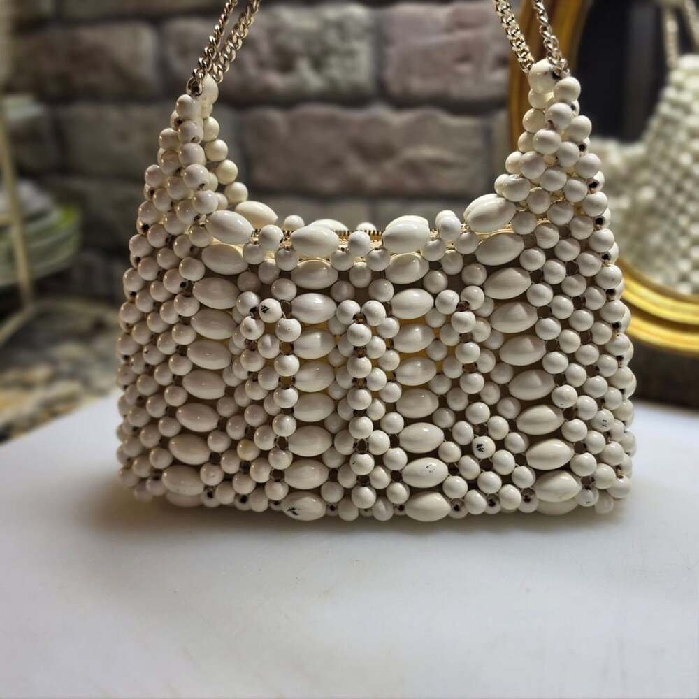 Vintage White Wooden Beaded Handbag Clutch Purse
